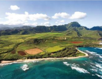 an aerial view of mahaulepu beach and the nearby mountains in kauai