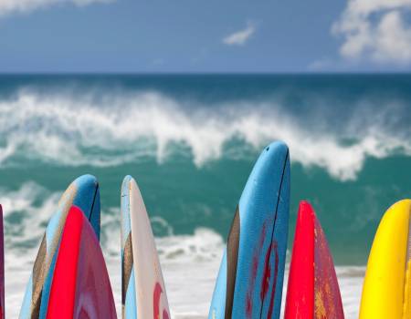 Surfboards standing upright on the Kauai beach, with a crashing Pacific wave in the background